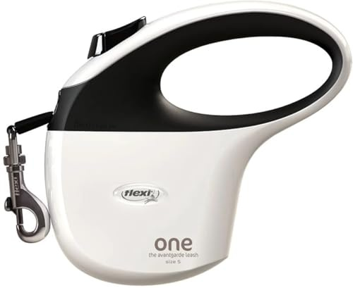 One S Tape Leine, 5 m, Weiß, Schwarz Flexi | Einhändig ausfahrbare Bremse, Stop-and-Go-Taste, ergonomischer Softgriff, stabiler Karabiner, Made in Germany