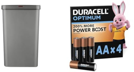 Tower T838005G Sensor Bin with Retainer Ring, Battery-Operated, 50L, Grey + Duracell Optimum pack of 4 AA