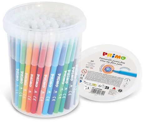 PRIMO - 96 Filzstifte mit Feiner Spitze 2,5 mm für Kinder, 12 Farben zum Malen, Zeichnen und Kreative Arbeiten, Abwaschbare Filzstifte für Kinder ab 3 Jahren für Schreibwaren und Schule, keine Flecken