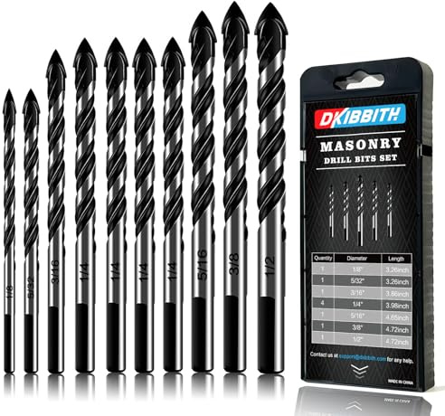 10-Piece Masonry Drill Bit Set for Concrete Tile Glass Ceramic Brick,1/8 to 1/2 Inch Drilling Bits with Triangle Handle,Tungsten Steel Alloy Tip.（Black）