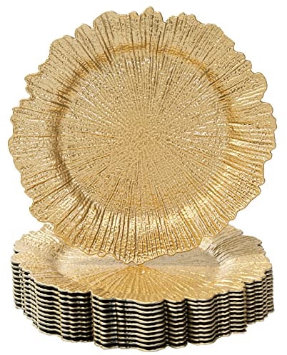 MAONAME Juego de 12 platos de carga dorados, cargadores de platos de arrecife para platos de cena, platos decorativos de plástico para mesa, Acción de Gracias, Navidad