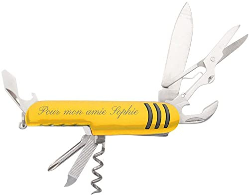 Ocadeau Multifunktions-Taschenmesser in gelb mit Textgravur - Gelbes personalisierbares Multifunktionsmesser mit 7 Werkzeugen - Personalisierbares Taschenmesser