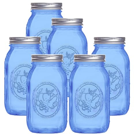 eleganttime Einmachgläser mit breiter Öffnung, 900 ml, 6 Stück, farbige Quart-Einmachgläser mit luftdichten Deckeln zum Einmachen, Einlegen, Aufbewahren, Basteln und Dekoration (blau-normal)