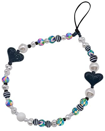 WoPail Charme de Téléphone Coque Cristal Portable Lanière de Perle Femme Pendentifs Amour Bracelet Bijoux Colorées Anti-Perte Lanière Chaîne Accessoires - Noir