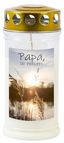 JEKA TLB Grabkerze 'Papa' - Wind- & Wetterfest, 100% Pflanzenöl, Motiv 'Papa Du fehlst', Unparfümiert