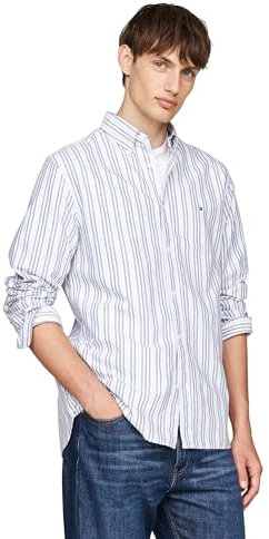 Tommy Hilfiger Long Sleeve Oxford Regular Fit, Men's Button Down Shirts, Also Available in Big and Tall, Cloudy Blue/Rouge/Multi, Large