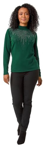 Roman Originals Diamante Sequin Jumper for Women UK Ladies Sparkly Glitter Sweater Embellished Smart Casual Autumn Winter Long Sleeve Round Neck Knitwear Knitted Pullover - Petite Emerald - Size 14