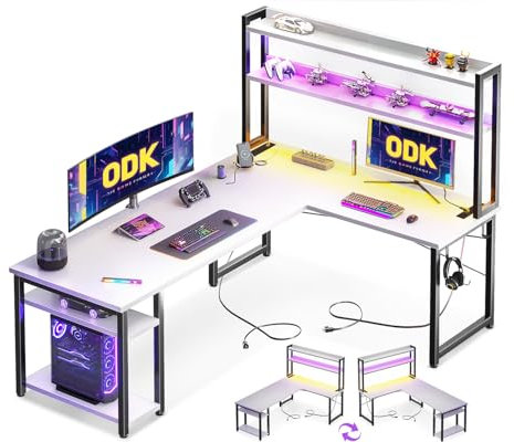 ODK 160×120 cm L Shaped Gaming Desk with LED Lights & Double Power Outlets, Reversible Corner Computer desk with Shelves for home office, White
