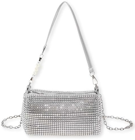 FeiOne Clutch Silber Glitzer Tasche, Damen Handtasche Silber, Brauttasche, Abendtasche, Umhängetasche