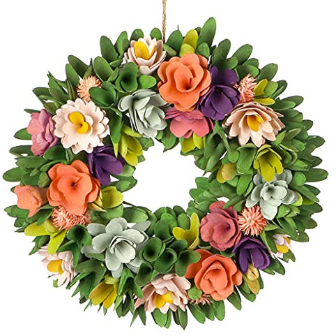 Spring Wreath Natural Wooden Garland Ornament Floral Evergreen Spring Wreaths for Front Door Summer Decoration Garden Ornaments Outdoor 32cm (Green, Purple & Orange)