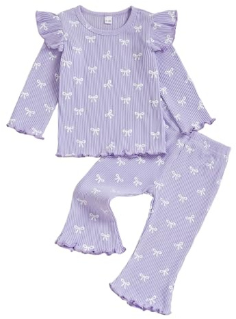 JCOPLY Toddler Baby Girl Outfit Kids Autumn Clothes Bow Print Long Sleeve Crew Neck Ribbed Knit Shirt Tops Frill Trim Bell Bottoms 2 Pcs Outfits Set