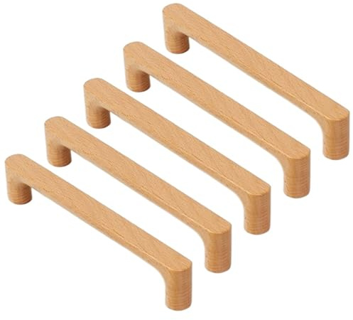 5PCS Solid Beech Wood Knobs Wooden Cabinet Handles Drawer Pull Handle for Cupboard Wardrobe Dresser Closet Door Home Decoration Furniture Pulls, 160mm Hole Distance
