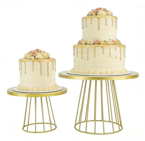 HERCHR Alzata per Torte Rotondo in Metallo, 2 pezzi Display Rotondo in Ferro Piatto da Portata Multifunzionale Portavivande Stile Vintage per Matrimoni, Compleanni, Feste (Oro)