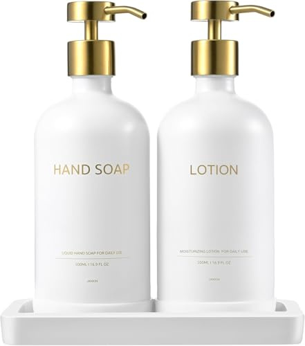 Janxin Glass Soap Dispenser Set, Shampoo Flaschen Zum Befüllen | 500ML Pumpspender, Lotion Dispenser, Mit Keramiktablett + Silikonuntersetzer