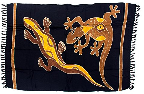 Kascha Sarong Pareo Wickelrock Strandtuch Tuch Wickeltuch Handtuch - Blickdicht - ca. 170cm x 110cm - Schwarz Braun Batik mit Gecko Motiv Handgefertigt inkl. Kokos Schnalle in Rauteform