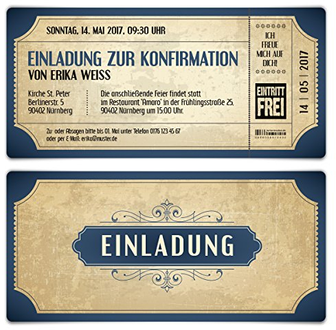 Kartenmachen.de Personalisierte Konfirmation Einladungskarten 10-100 Stück selbst gestalten - Vintage Eintrittskarten in Blau - DIN Lang 210x99mm