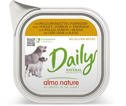 Almo Nature Daily Nassfutter für Erwachsene Hunde mit Huhn, Schinken und Käse - Aluschale 100 g.