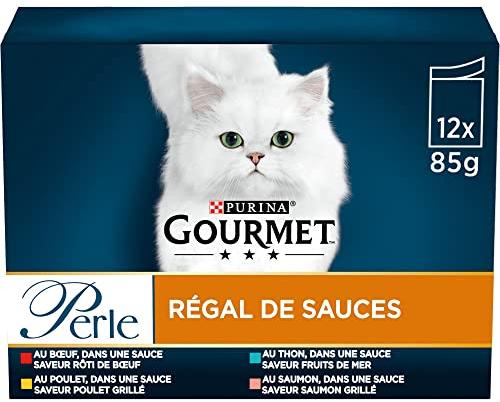 GOURMET Perle | Saucen Regal | Erwachsene Katze | Rind, Huhn, Thunfisch, Lachs | 12 x 85 g | Frischebeutel (Verpackung kann variieren)
