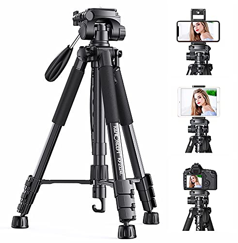 K&F Concept Trípode Cámara de Movil, Trípode Aluminio Ligero para Nikon Canon Sony con Cabezal Giratorio de 3 Vía,Trípode Viaje de Movil con Soprtre de Teléfono y para Cámara DSLR,Carga hasta 4KG