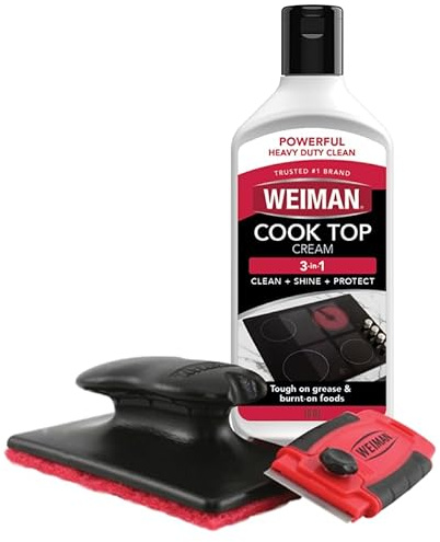 Weiman Glass & Ceramic Cooktop, Stove Top & Oven Cleaner Kit – Kitchen Cleaner Cream, 3 Scrubbing Pads & Scraper for Burnt-On Food & Grease, Clean Shine - Safe for Induction, Electric & Gas Cooktops