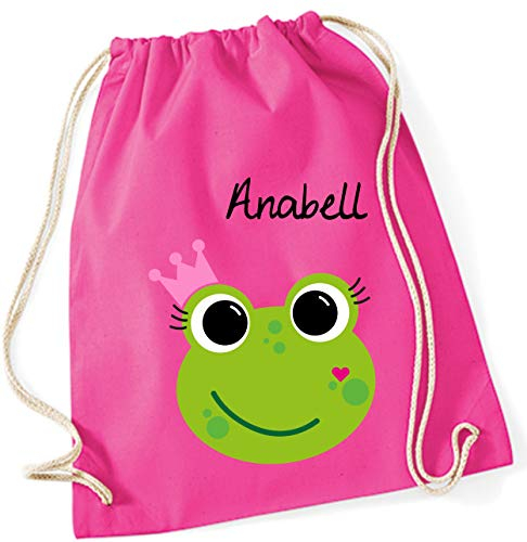 minimutz Turnbeutel mit Namen | inkl. Namensdruck | Motiv Frosch-Königin | Stoffbeutel Zuziehbeutel Rucksack Sportbeutel für Kinder Mädchen Krone (pink)