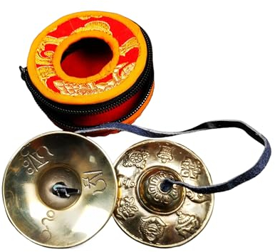 Gandhanra Conjunto de Campanas de platillos de meditación Tibetanas - Platillos Tingshas Tibetanos - Hecho a Mano en Nepal - campanas - Bronce Astamangal 6.5cm