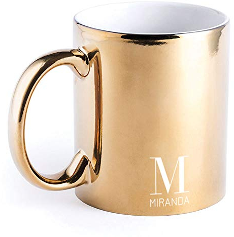 Personalised Metallic Coffee Mug 350ml Ceramic Laser Engraved Tea Cup - Customised Birthday, Christmas, Wedding Gift Idea - Custom Name & Initial (Gold)
