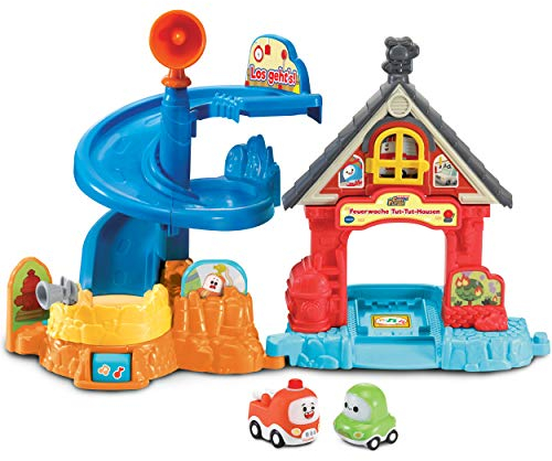 Vtech TUT TUT Cory Flitzer - Feuerwache TUT-TUT-Hausen – Interaktive Feuerwehr-Station mit 2 Minifahrzeugen und den Originalstimmen aus der TV-Serie auf Netflix – Für Kinder von 1-5 Jahren