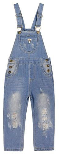 KIDSCOOL SPACE Salopette di jeans strappata da bambina, tasche invecchiate con decorazioni di perle, salopette di jeans, blu, 11-12 anni