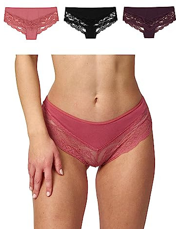 Snocks 3er Pack Hipster Lace - Damen Baumwolle Panties mit Spitze - Unterhose Damen Slip - Gr. L - Farbe Mix (Mauve/Wine/Schwarz)