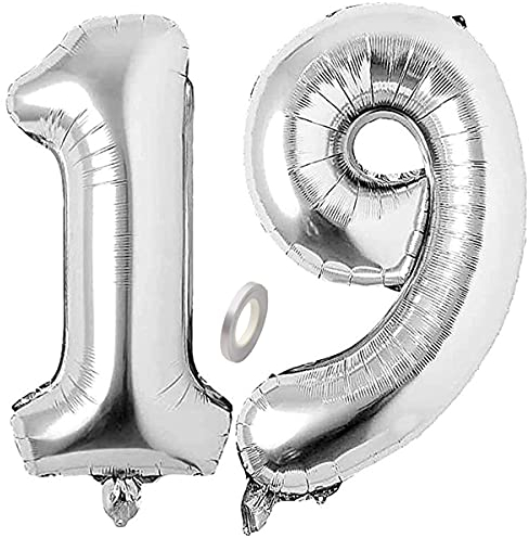 Jrzyhi Ballons Zahlen Luftballon 19.Geburtstag Silber Riesen Folienballon Zahl 19 Helium Nummer Große XXLNummer 19.Happy Birthday 19Jahre Riesenzahl Ballons für Geburtstag, Hochzeit Party Deko 100CM