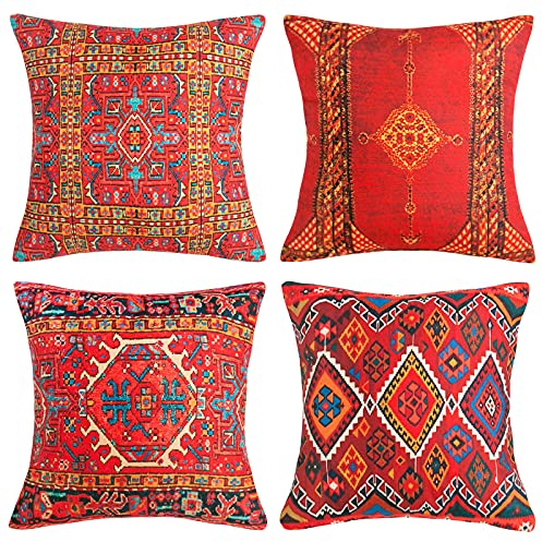 Kelim Kissenbezüge 50 x 50 cm Rot Ethnischer Türkischer Teppich Mustern Dekoration Kissenbezug Orientalischem Baumwolle Leinen Kissenhülle Sofa Deko Kissen Bezug für Zuhause Couch Outdoor,4er Set