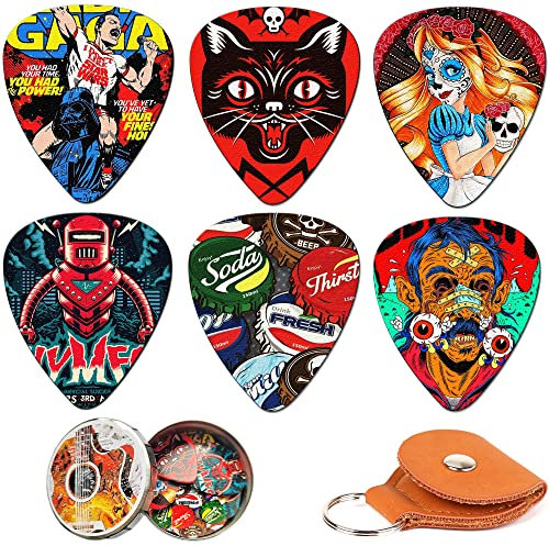 THIVENNY Gitarrenplektren mit Leder-Plektrenhalter und Blechbox, einzigartiges künstlerisches Zelluloid-Gitarrenplektrum für Bass-, E-Gitarre, Akustikgitarren-Liebhaber, Geschenk (Mix-9)
