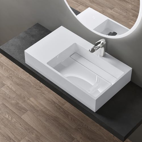 doporro lavabo de diseño 75x43x14cm desagüe oculto Colossum12-derecho en blanco de mármol fundido apto como lavabo sobre encimera y lavabo suspendido