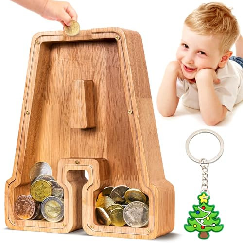Summidate Spardose für Kinder Junge, Personalisiert Holz Großes Sparschwein, Unzerbrechliches Buchstabe A-Z Sparbüchse für Kinder Mädchen, Erwachsene, Geschenk&Dekoration