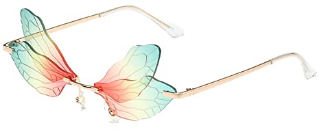 RUNHUIS Randlose Dragonfly Sonnenbrille Vintage Retro Flügel geformt Schmetterling Feenhafte Schatten Brille Fashion Party Brillen für Damen Herren (Rot-Gelb-Grün)