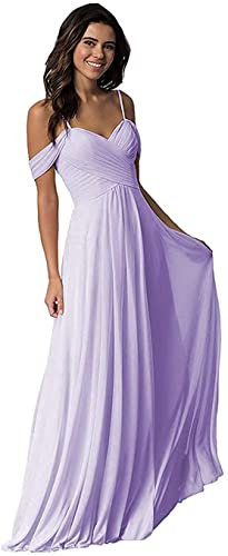 KURFACE Vestido de dama de honor con hombros descubiertos para mujer, vestido largo y fruncido, formal, para fiesta de noche, baile de graduación, Lila, 52