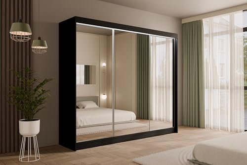 ALTDECOR Kleiderschrank mit Spiegel und Schiebetüren, kugelgelagerte Führungsschienen und Aluminium-Leisten, LED-Beleuchtung (weiß + 16 Farben) und Fernbedienung - AMOHA - 250 cm Schwarz