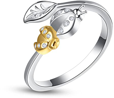 KINGWHYTE Marienkäfer Ring 925 Sterling Silber Offener Ring Marienkäferblatt Ring Verstellbarer Tiers Ring Schmuck Geschenke für Frauen