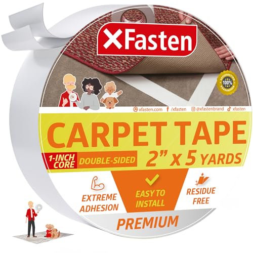 XFasten 2” X 5 Yds 1” Core Double Sided Carpet Tape for Area Rugs, Residue-Free Rug Tape Gripper for Wood Floor Coverings, Multipurpose Carpet Rug Tape for Wood Flooring, Keep Rug in Place on Carpet
