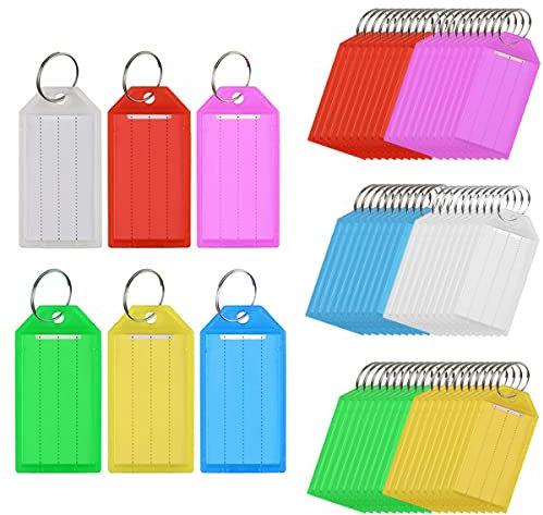 BetterJonny Lot de 60 plaques signalétiques porte-clés en plastique résistant avec clé d'identification avec fenêtre pour étiquette à anneau divisé pour hôtel écoles bureaux valises, 6 couleurs