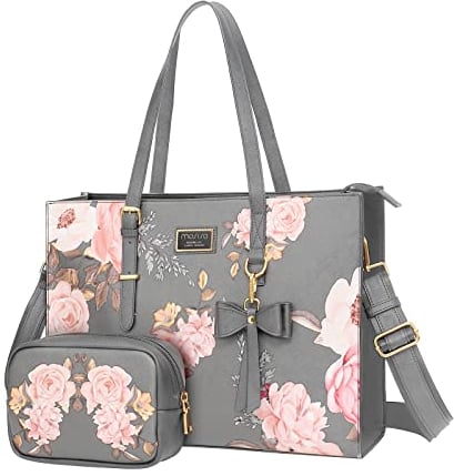MOSISO Laptop Tote Bag Compatible with MacBook Air 15 inch M3 M2 2024 2023/Pro 16 2023-2019, 15-15.6 inch Notebook, Peony PU Leather Travel Work Briefcase with Detachable Bowknot & Small Purse, Grey
