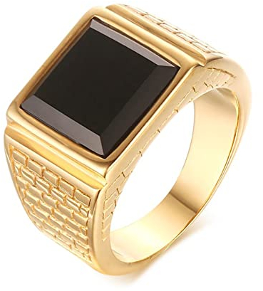 Bishilin Edelstahl Ring Männer, Gold Ring Personalisiert mit Schwarz Achat Siegelring Freundschaftsring Paterring mit Gravur für Herren Gr.70 (22.3)