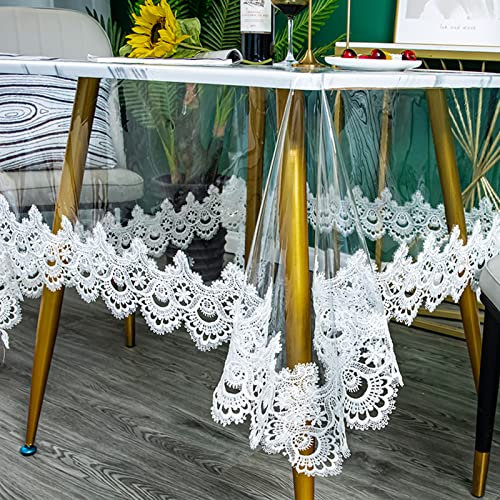 Klare Kunststoff Rund Tischdecke Wasserdichtes Vinyl PVC Tischdecke Bestickte Spitze Rand Transparente Tischabdeckung für die Küche im Freien und im Inneren verwendet-Rund 130 cm, Weiß