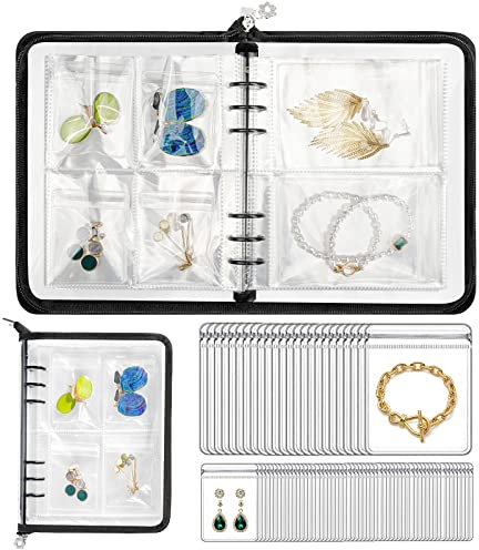 Uross Transparent Jewelry Storage Book, Jewelry Earring Organizer, Clear Travel Jewelry Organizer Book, Zipper Jewelry Storage Display for Necklaces Earrings Rings Bracelets with pockets (84 Grids)