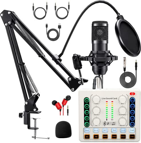 BM-800 Ensemble de microphone de podcast avec changeur de voix avec microphone à condensateur pour téléphone, PC, DJ, parfait pour l'enregistrement vidéo, les médias en streaming, les jeux et le chant