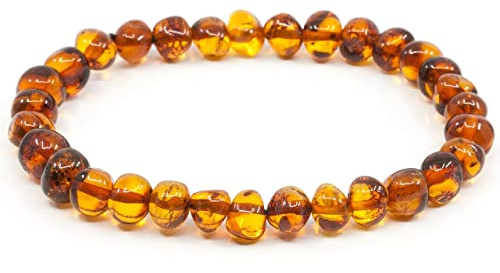 Premium konjak bärnstensarmband | brunt armband av baltisk bärnsten | 19 cm storlek | unisex | 5–6 mm polerade bärnstenspärlor, 19 cm, Bärnsten, - Amber