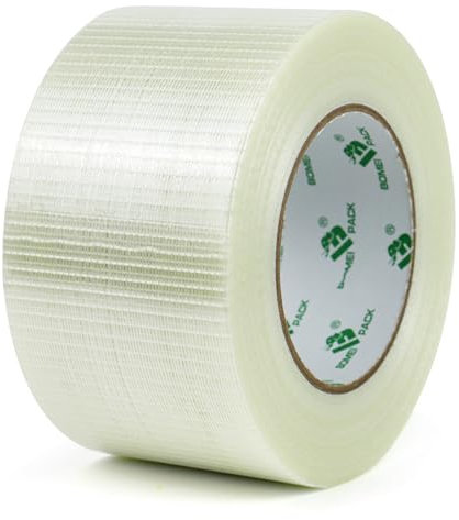 BOMEI PACK Crossweave Reinforced Tape 1 roll 75mm x 50m Strong 170mic thickness Clear Bi-Directional Filament Strapping Fiberglass Reinforced Heavy Duty Bundling Tape