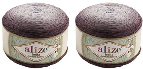 2 x 250 g Alize Bella Batik Ombre Strickwolle Farbverlauf, 500 Gramm Strickgarn 100% Baumwolle, Farbverlaufswolle (grau 7411)