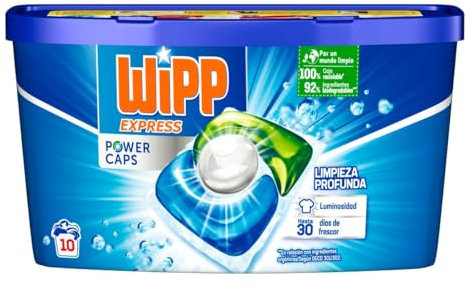 Wipp Express Power Caps Detergente en Cápsulas para Lavadora, 10 Dosis, Limpieza Profunda, Eficaz en Agua Fría